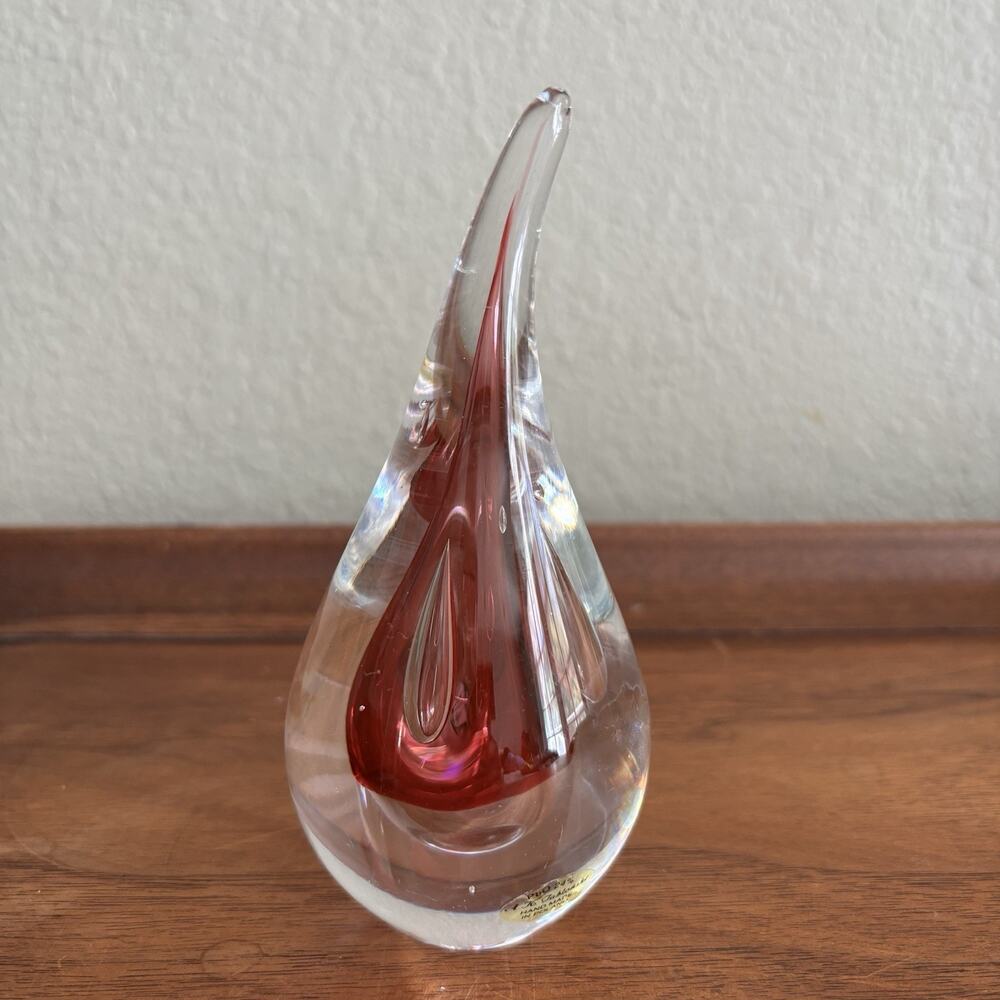 Vintage Adam Jablonski Studio Art Glass Paperweight Teardrop Cranberry